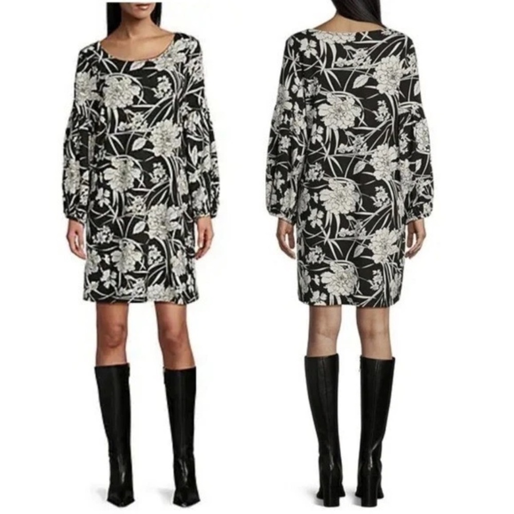 Bryn Walker M Modal Black Cream Floral Round Neck Long Sleeve Lantern Dress